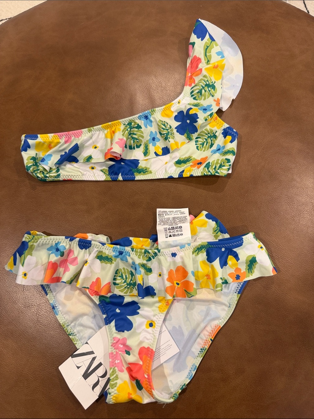 Zara Girls Floral One-Shoulder Bikini Set in White, Blue, Yellow, Green, Pink